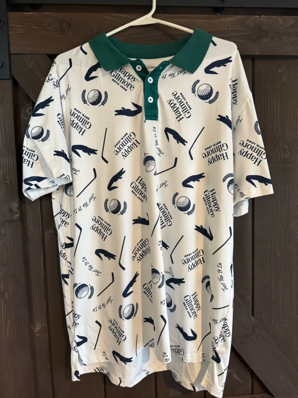 Happy Gilmore Golf Print Polo in White & Navy with Green Collar - Picture 1 of 2